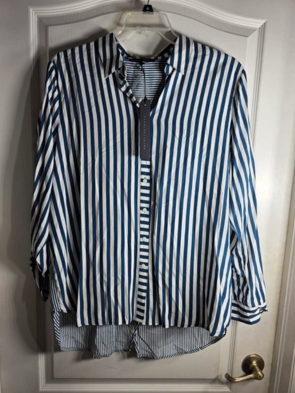 NWT Jane + Delancey navy blue/white striped blouse size large